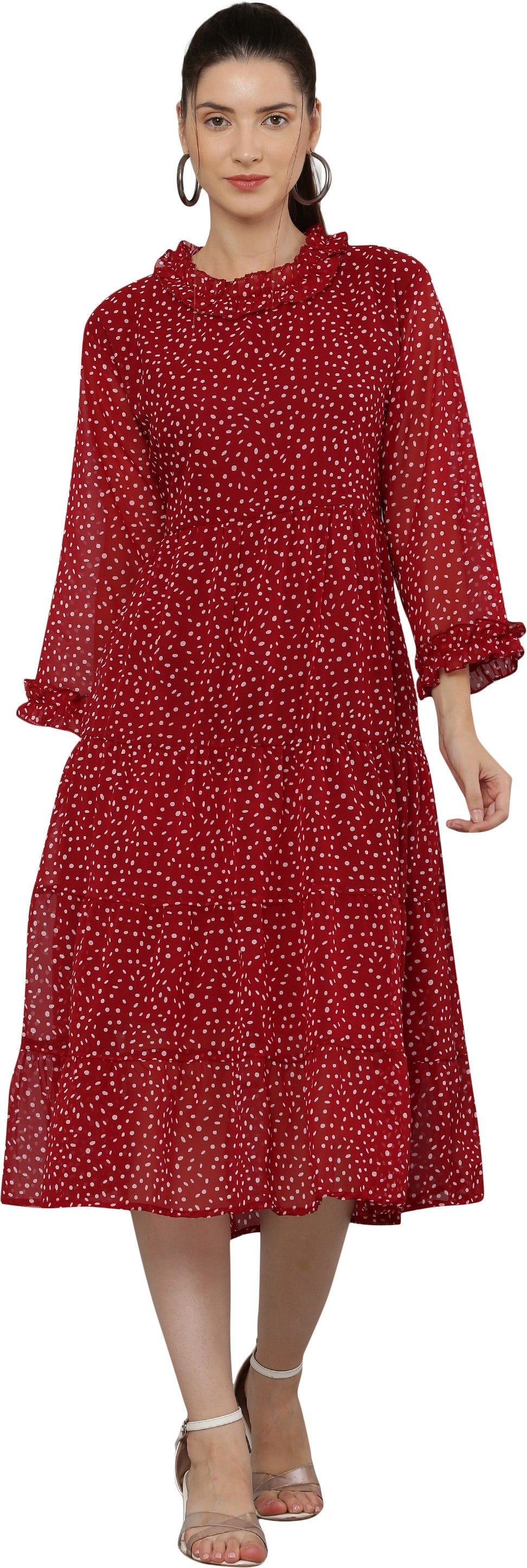 PAVONINE Micro Dots Frill-Neck Georgette Fabric Maroon Dress For Women | Grocsy
