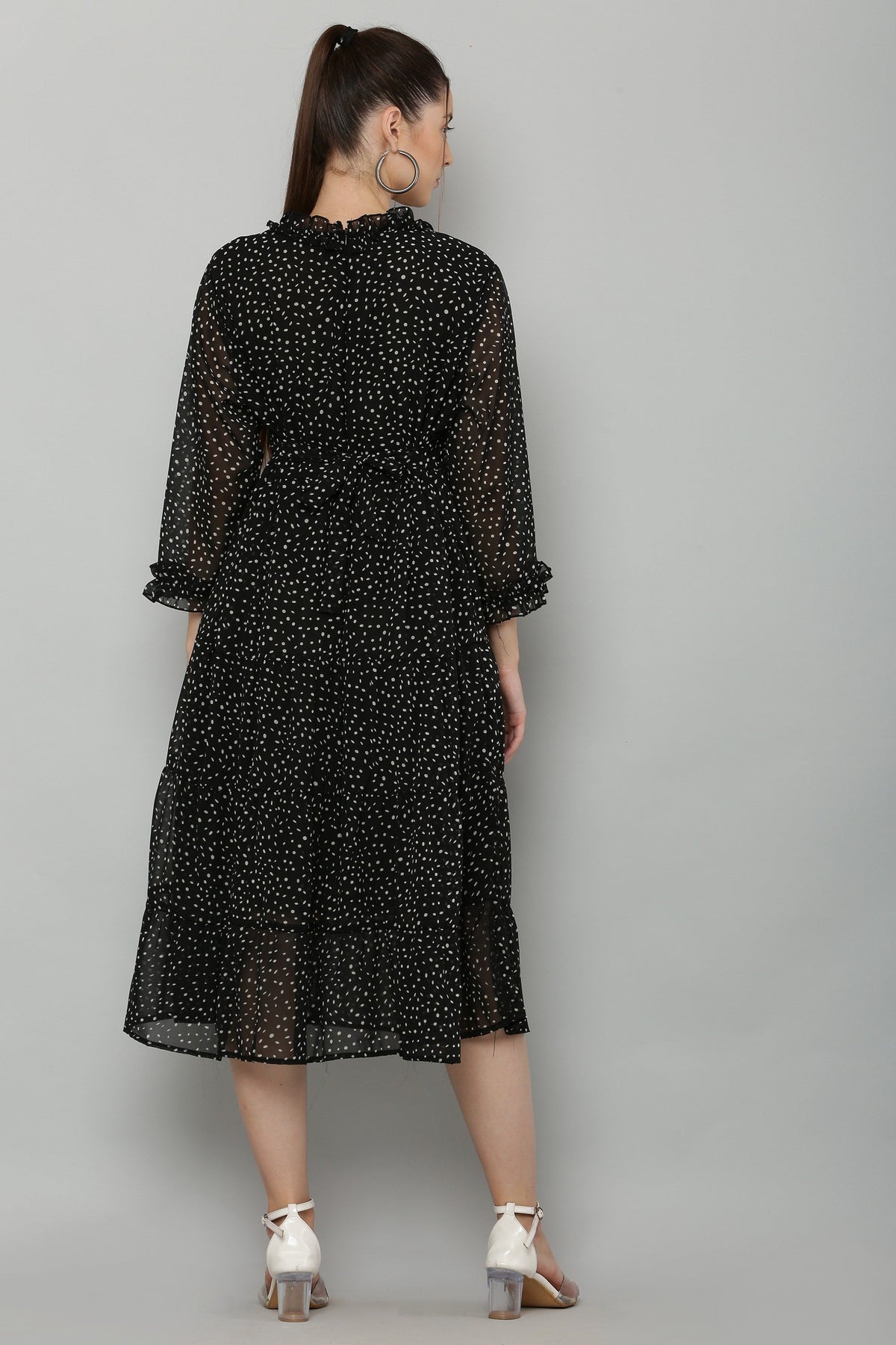 PAVONINE Micro Dots Frill-Neck Georgette Fabric Black Dress For Women | Grocsy