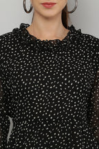 PAVONINE Micro Dots Frill-Neck Georgette Fabric Black Dress For Women | Grocsy