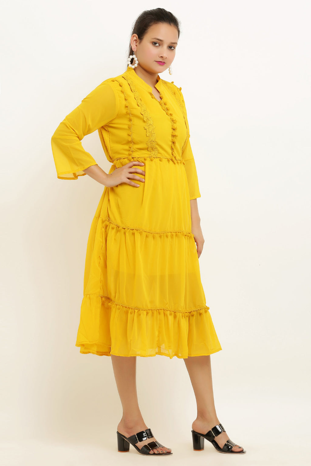 PAVONINE Pum Pum & Lace Inserted Mustard Color Dress For Girls & Women | Grocsy