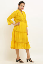 PAVONINE Pum Pum & Lace Inserted Mustard Color Dress For Girls & Women | Grocsy