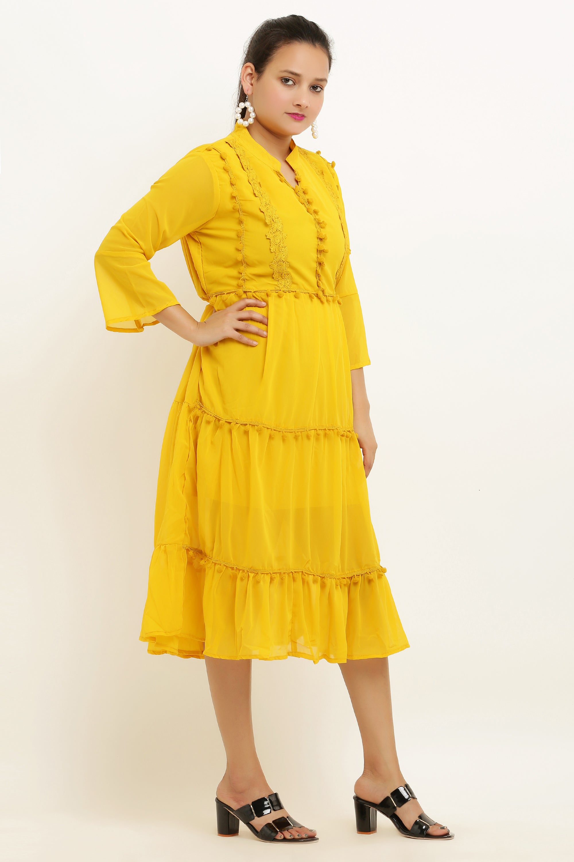 PAVONINE Pum Pum & Lace Inserted Mustard Color Dress For Girls & Women | Grocsy