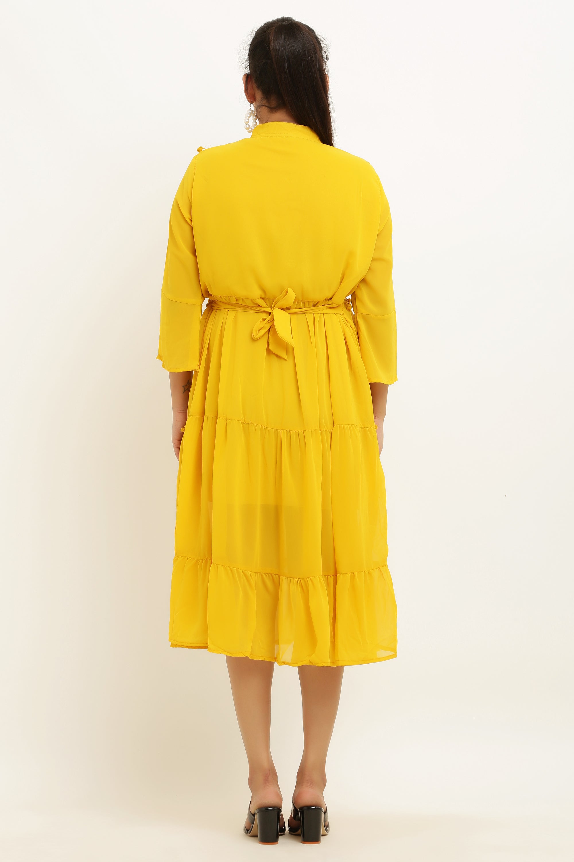 PAVONINE Pum Pum & Lace Inserted Mustard Color Dress For Girls & Women | Grocsy