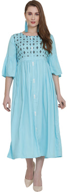 PAVONINE Firozi Color Embroidery Work With Button Dress For Women | Grocsy