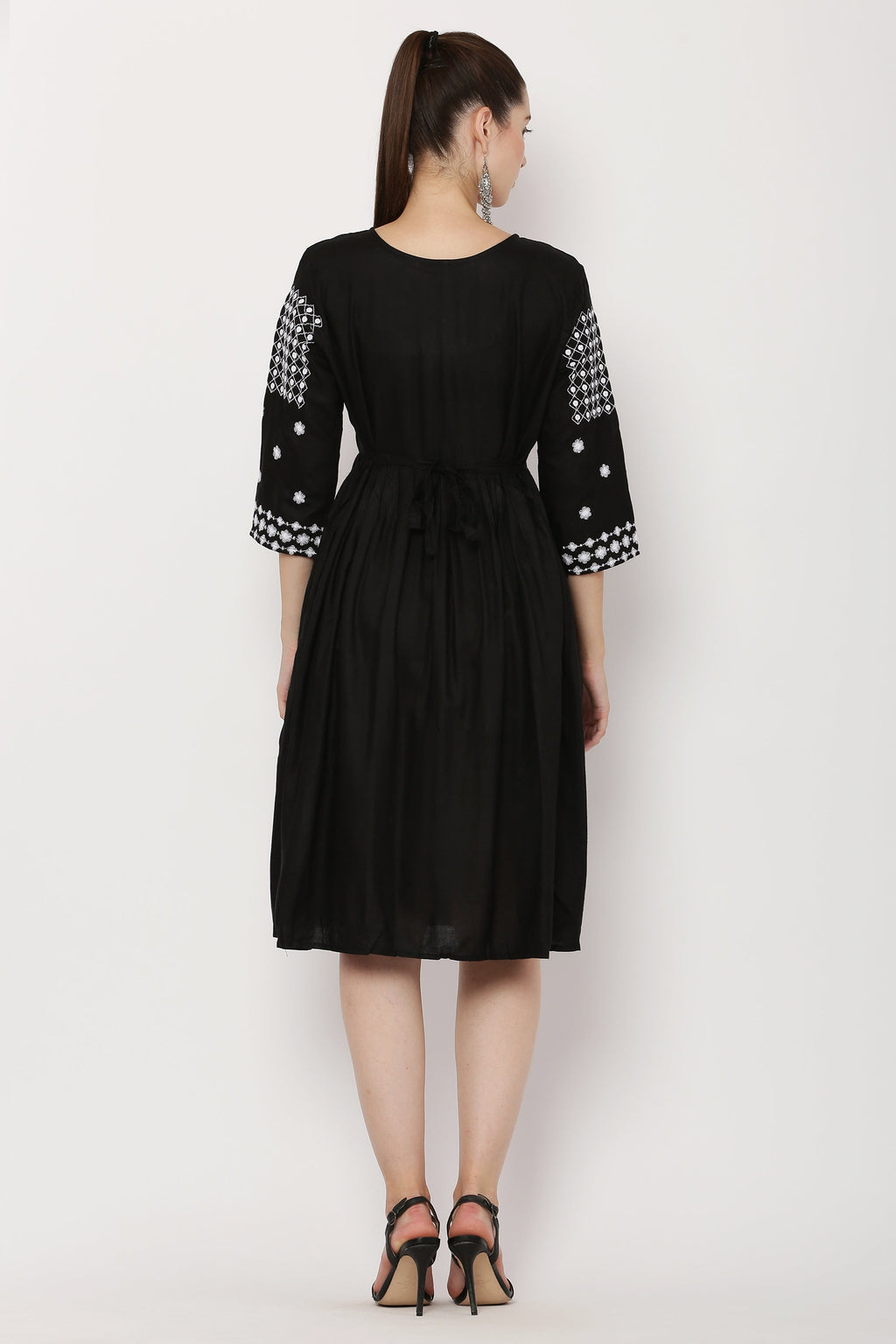 PAVONINE Black Color Polka Dots Embroidery Dress For Women | Grocsy