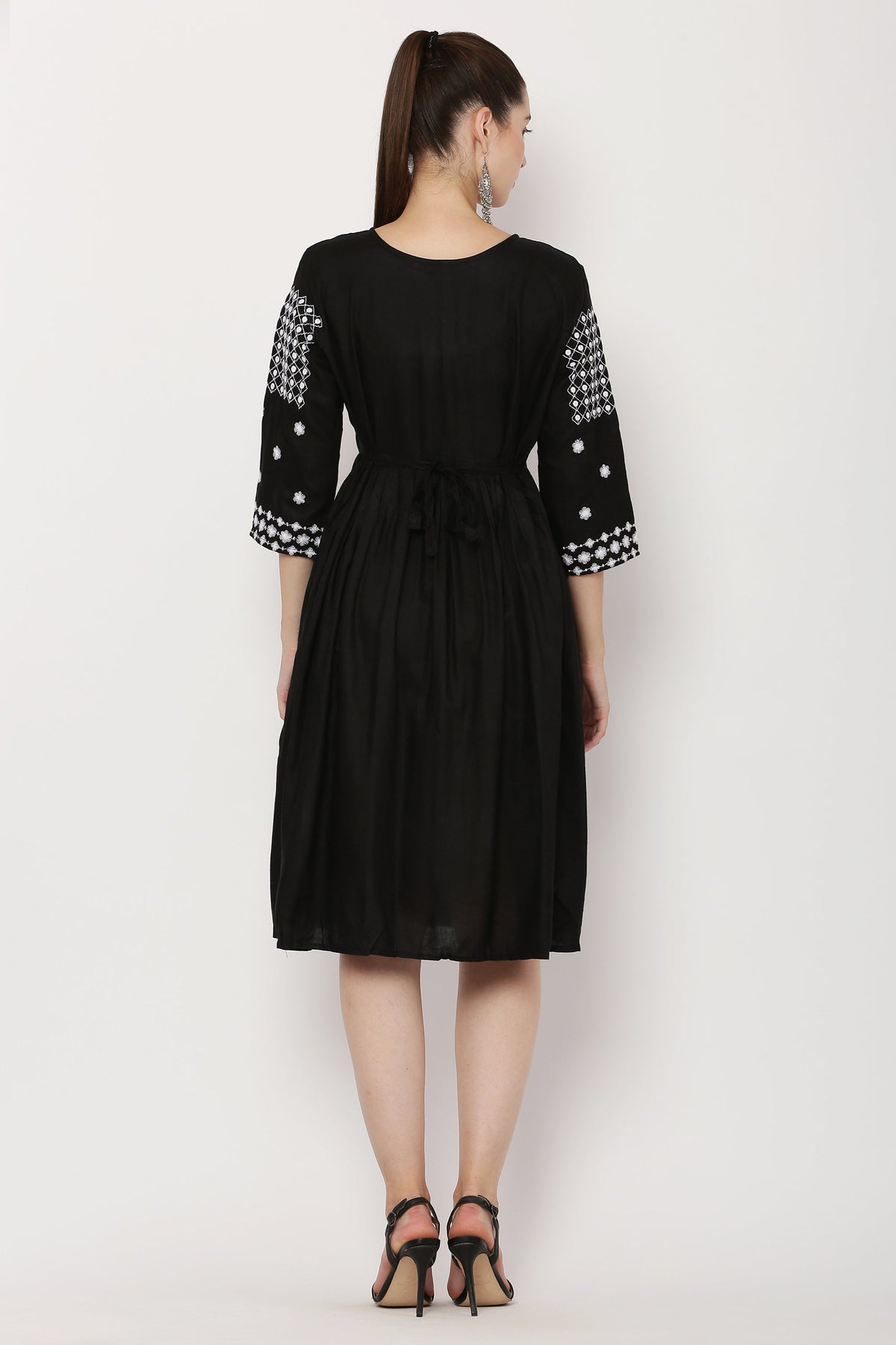 PAVONINE Black Color Polka Dots Embroidery Dress For Women | Grocsy