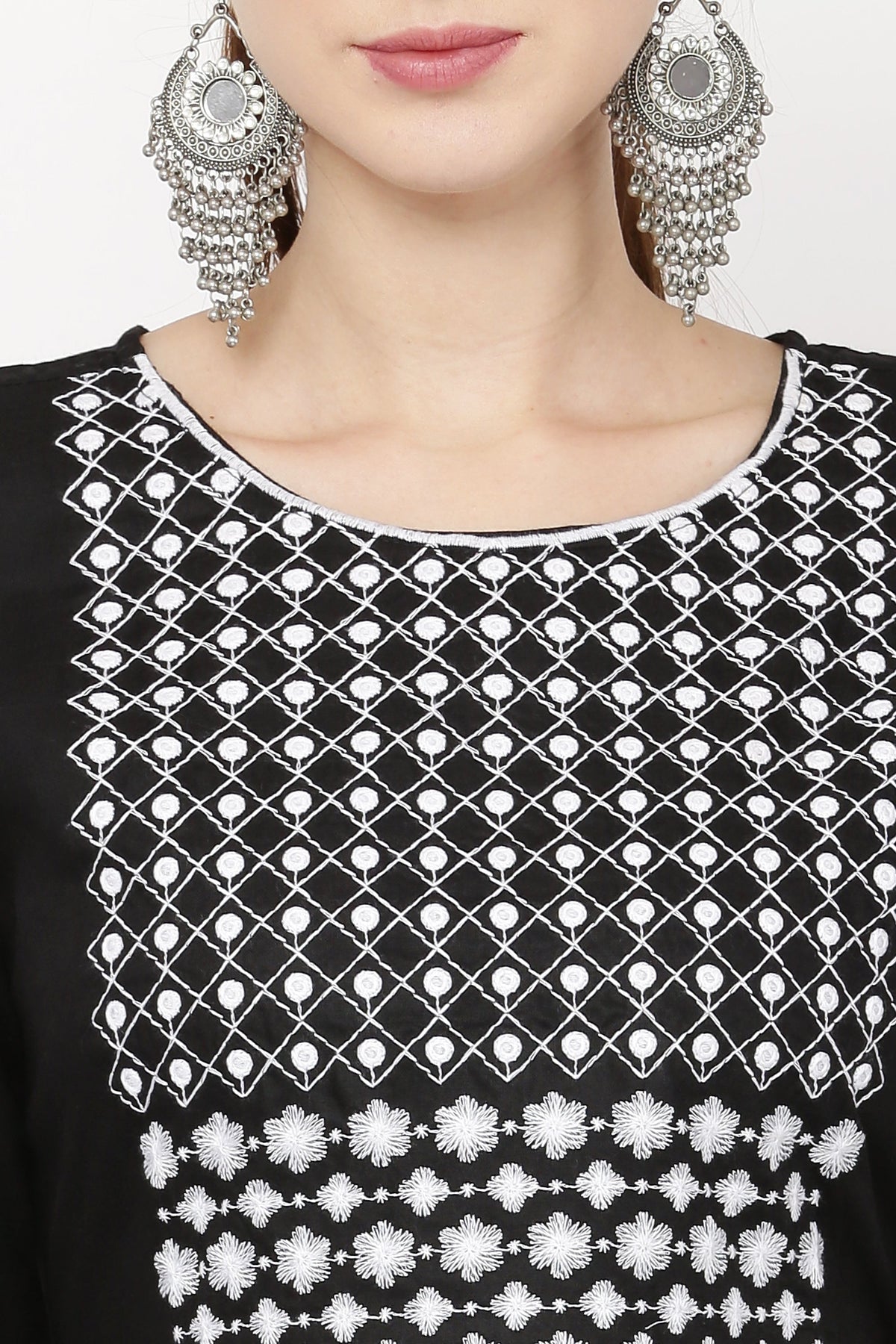 PAVONINE Black Color Polka Dots Embroidery Dress For Women | Grocsy