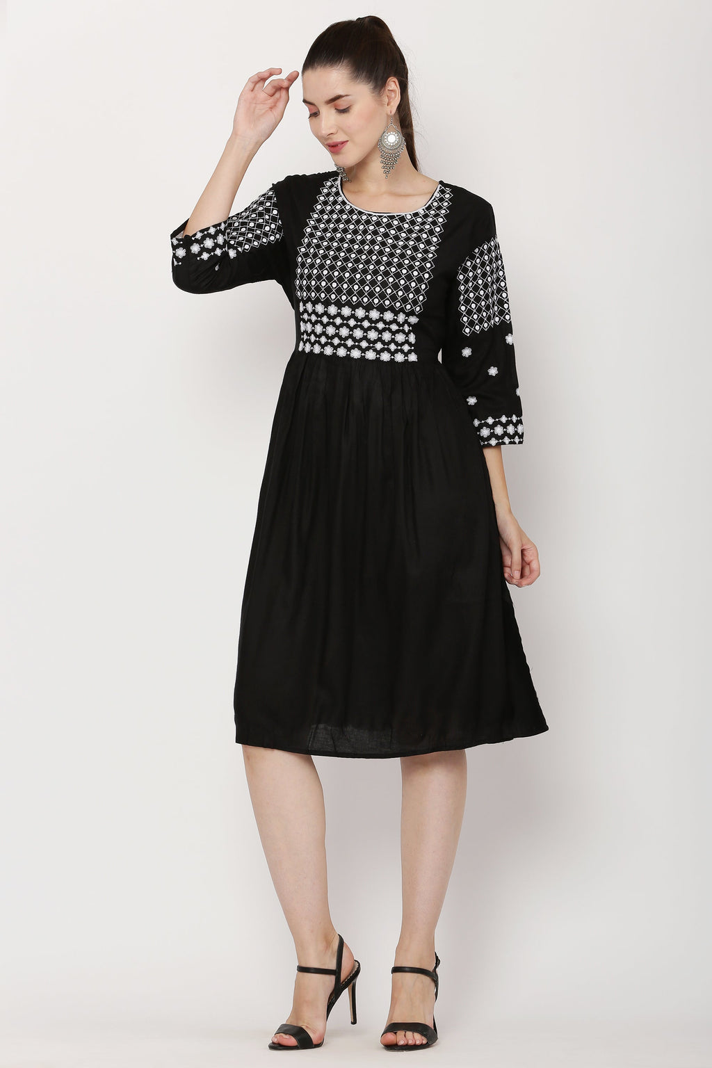 PAVONINE Black Color Polka Dots Embroidery Dress For Women | Grocsy