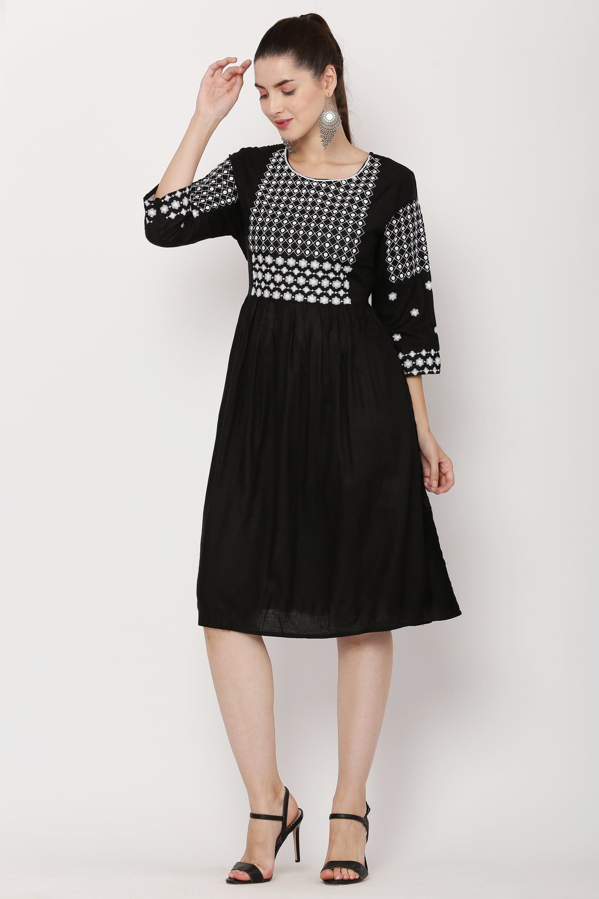 PAVONINE Black Color Polka Dots Embroidery Dress For Women | Grocsy