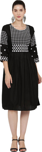 PAVONINE Black Color Polka Dots Embroidery Dress For Women | Grocsy
