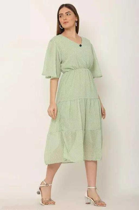 PAVONINE Micro Dots V-Neck Georgette Fabric Pista Dress For Women | Grocsy