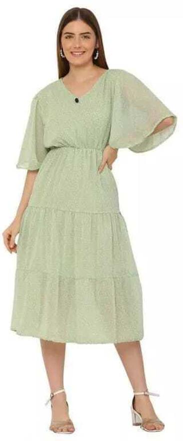 PAVONINE Micro Dots V-Neck Georgette Fabric Pista Dress For Women | Grocsy