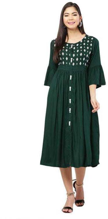 PAVONINE Bottle Green Color Embroidery Work With Button Dress For Women | Grocsy