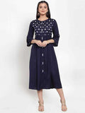 PAVONINE Navy Blue Color Embroidery Work With Button Dress For Women | Grocsy