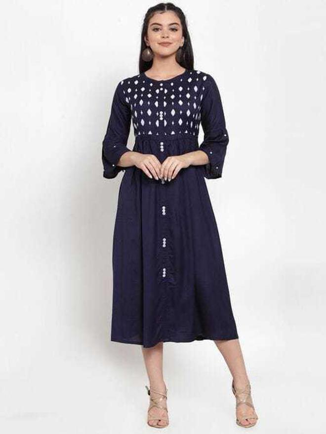 PAVONINE Navy Blue Color Embroidery Work With Button Dress For Women | Grocsy