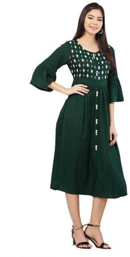 PAVONINE Bottle Green Color Embroidery Work With Button Dress For Women | Grocsy