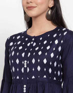PAVONINE Navy Blue Color Embroidery Work With Button Dress For Women | Grocsy