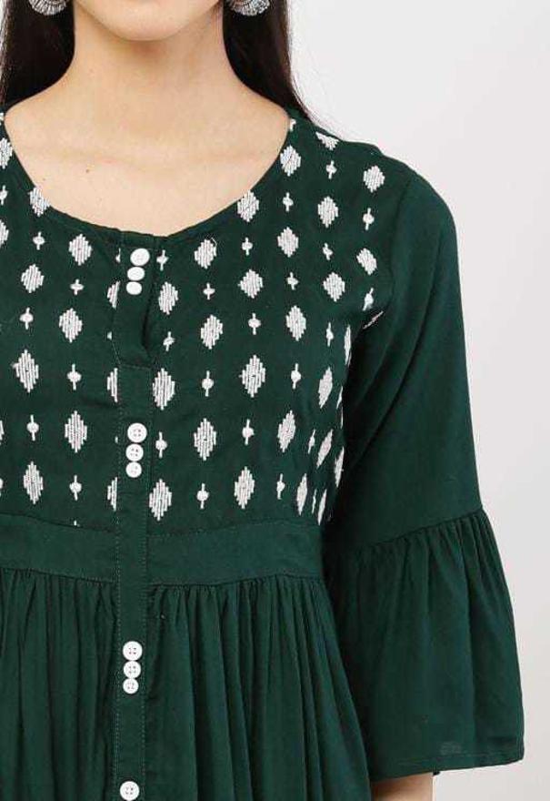 PAVONINE Bottle Green Color Embroidery Work With Button Dress For Women | Grocsy
