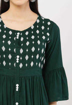PAVONINE Bottle Green Color Embroidery Work With Button Dress For Women | Grocsy