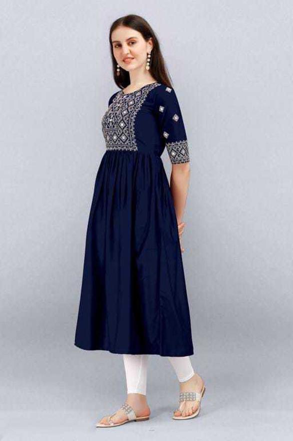 PAVONINE Navy Blue Color Burfi Design Embroidery Dress For Women | Grocsy