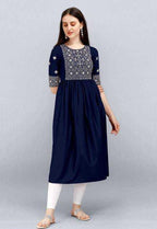 PAVONINE Navy Blue Color Burfi Design Embroidery Dress For Women | Grocsy