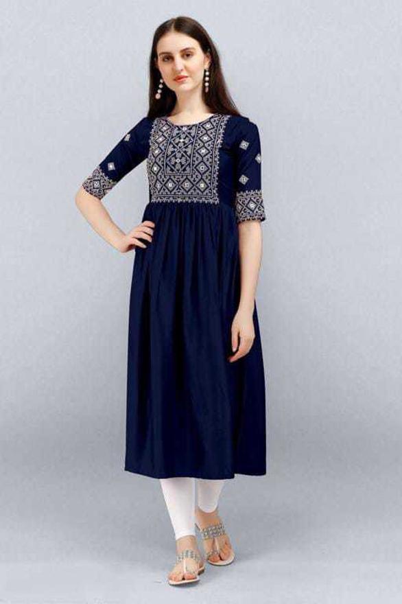 PAVONINE Navy Blue Color Burfi Design Embroidery Dress For Women | Grocsy