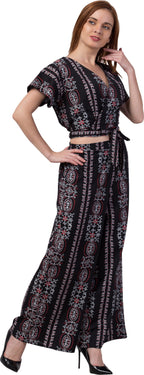 PAVONINE Black Color Printed Crop Top And Flared Palazzo Set For Girls & Women | Grocsy