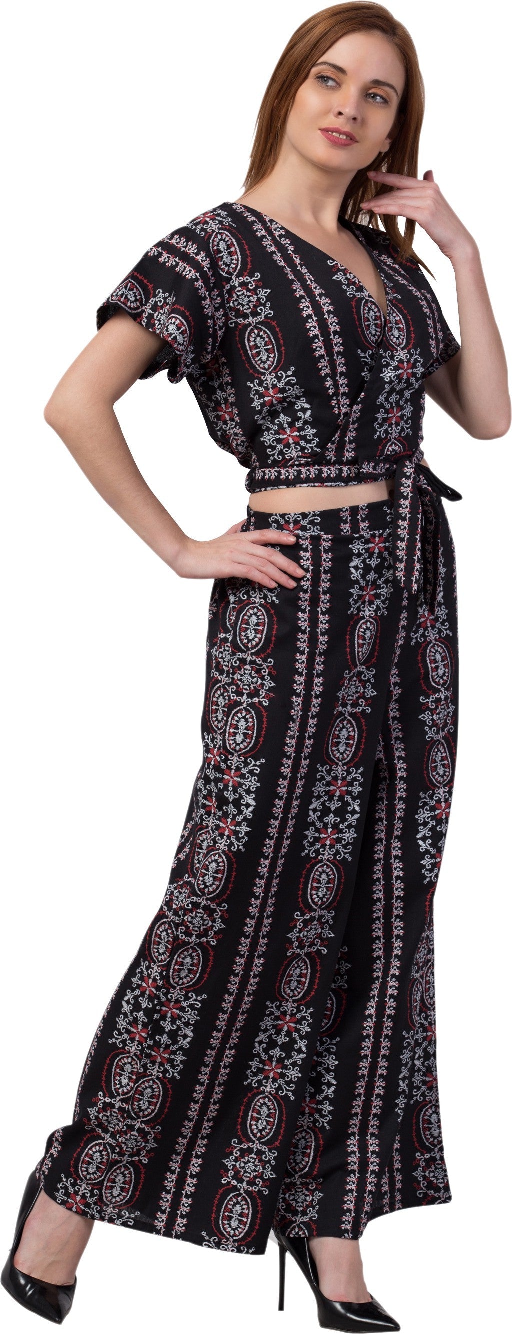 PAVONINE Black Color Printed Crop Top And Flared Palazzo Set For Girls & Women | Grocsy