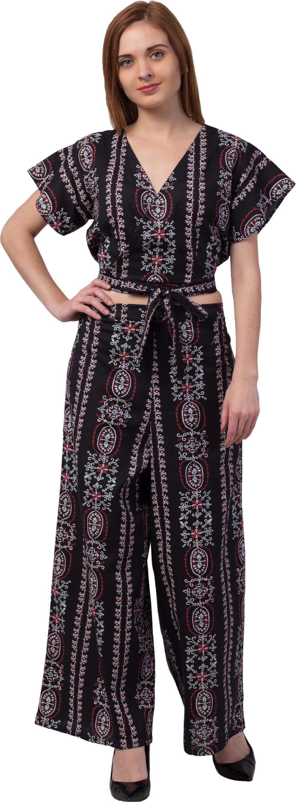 PAVONINE Black Color Printed Crop Top And Flared Palazzo Set For Girls & Women | Grocsy