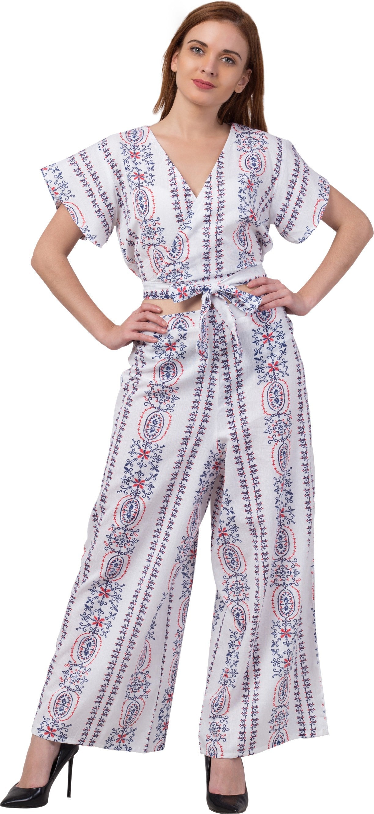 PAVONINE White Color Printed Crop Top And Flared Palazzo Set For Girls & Women | Grocsy