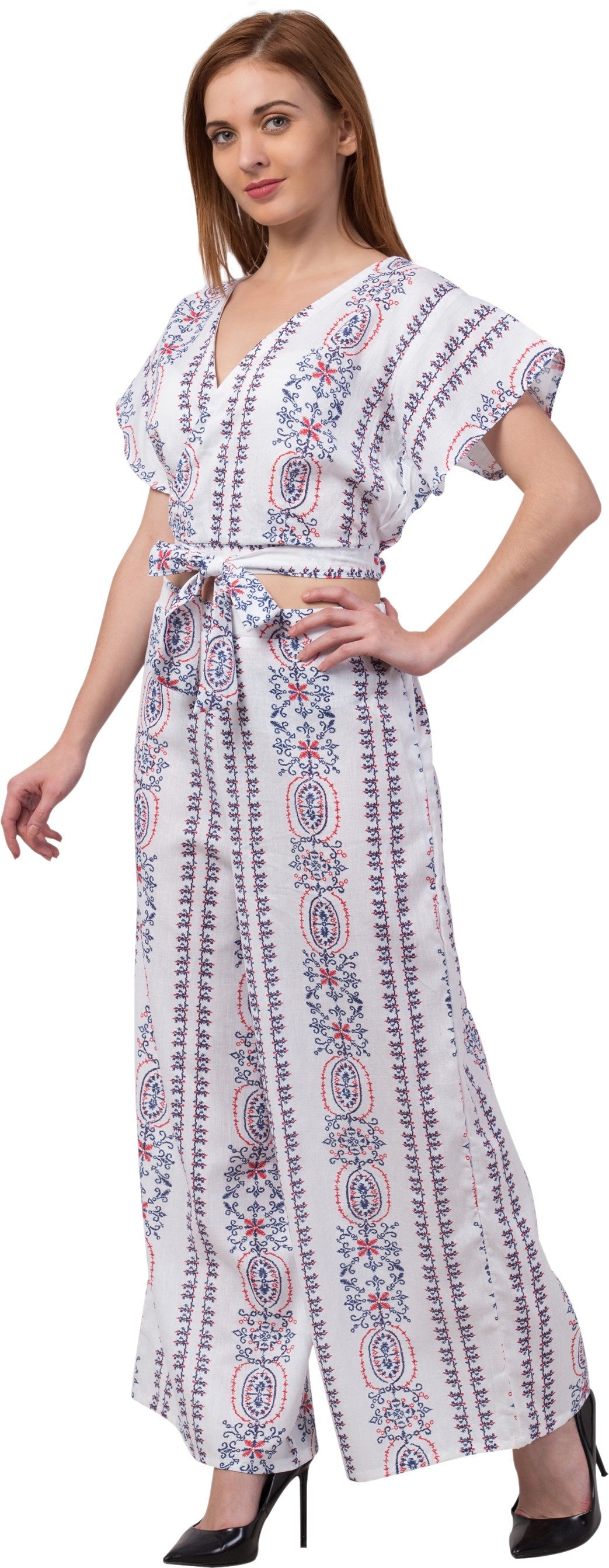 PAVONINE White Color Printed Crop Top And Flared Palazzo Set For Girls & Women | Grocsy