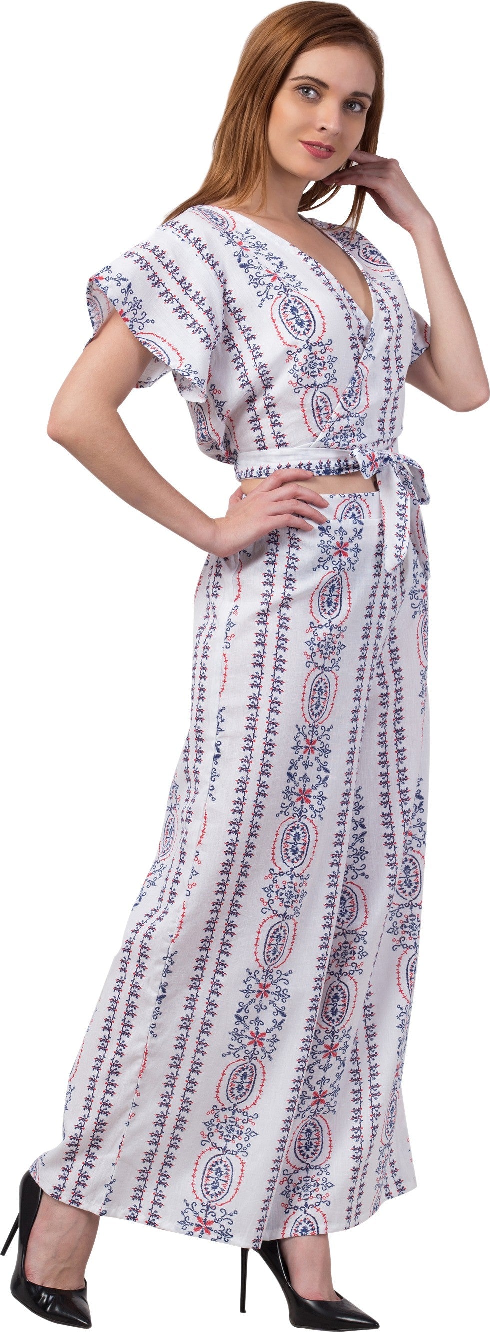 PAVONINE White Color Printed Crop Top And Flared Palazzo Set For Girls & Women | Grocsy