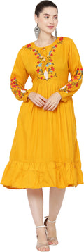 PAVONINE Mustard Color Flower Embroidery Dress For Women | Grocsy