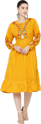 PAVONINE Mustard Color Flower Embroidery Dress For Women | Grocsy
