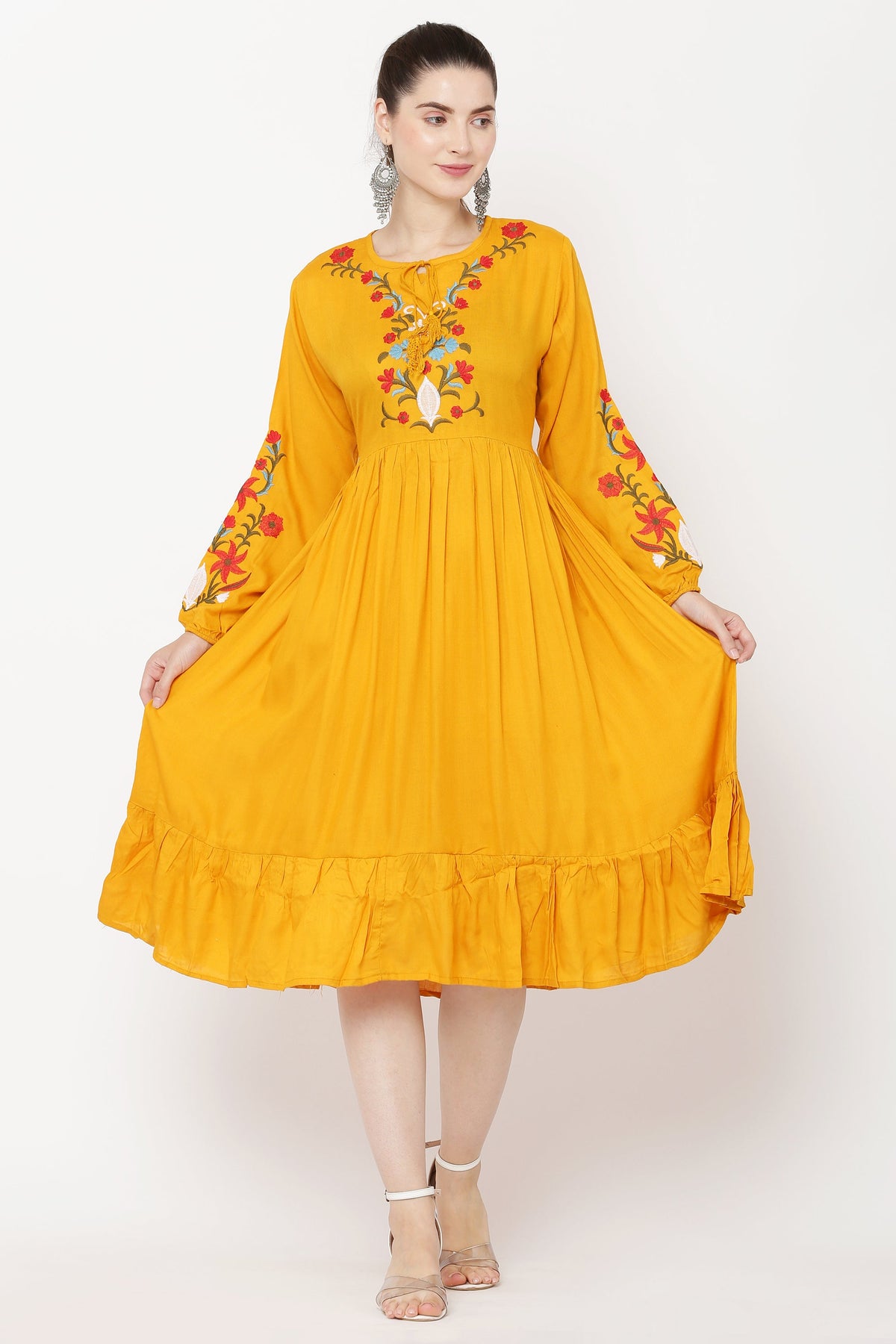 PAVONINE Mustard Color Flower Embroidery Dress For Women | Grocsy