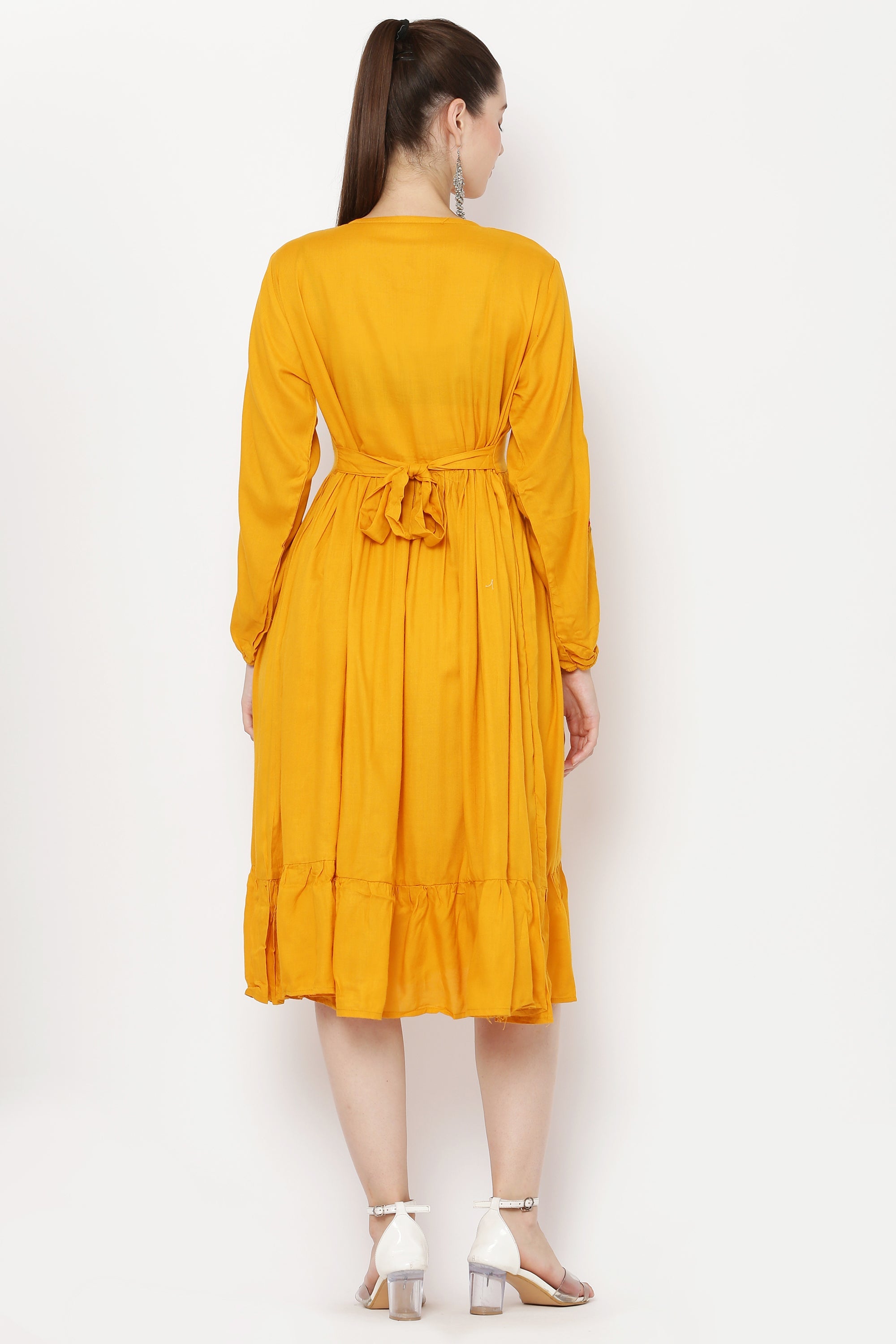 PAVONINE Mustard Color Flower Embroidery Dress For Women | Grocsy