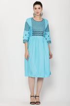 PAVONINE Firozi Color Polka Dots Embroidery Dress For Women | Grocsy
