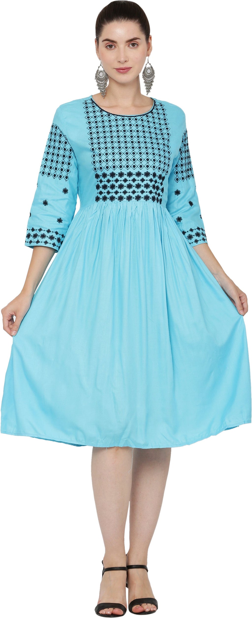 PAVONINE Firozi Color Polka Dots Embroidery Dress For Women | Grocsy