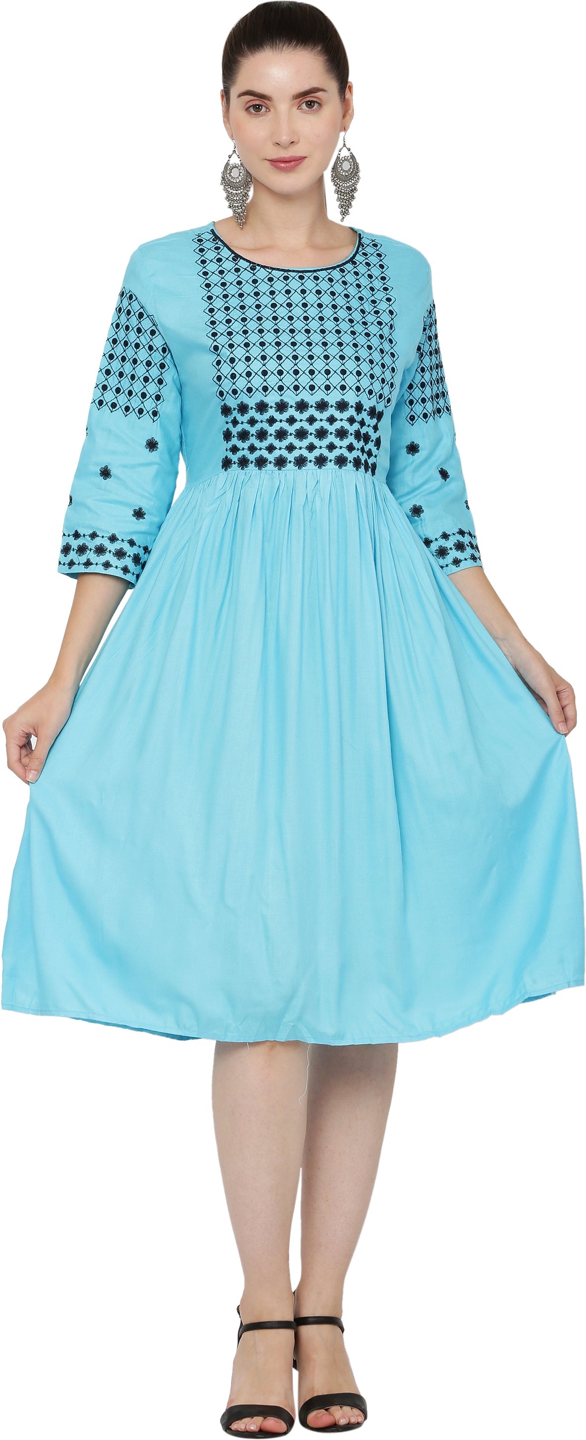 PAVONINE Firozi Color Polka Dots Embroidery Dress For Women | Grocsy