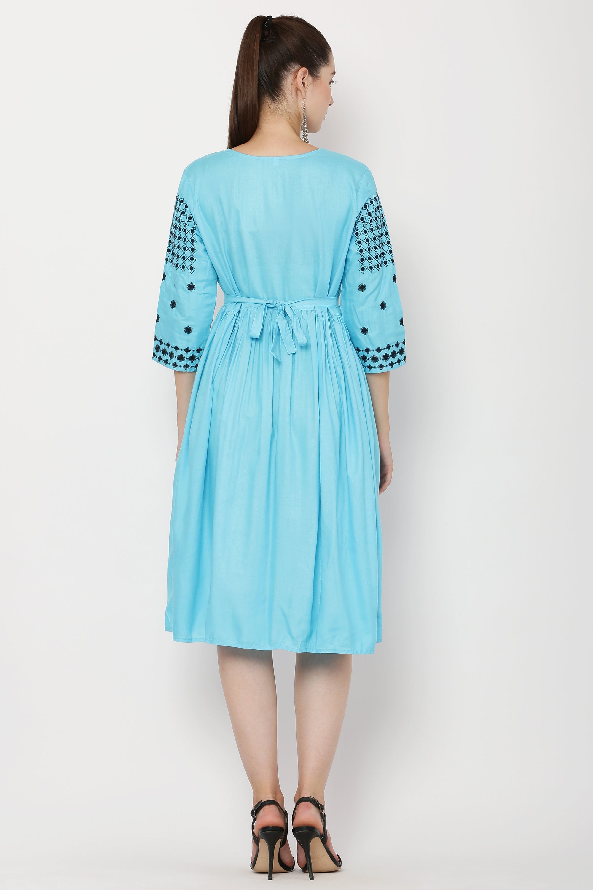 PAVONINE Firozi Color Polka Dots Embroidery Dress For Women | Grocsy