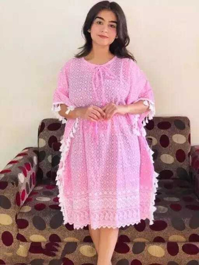 PAVONINE Pink Color Embroidery Kaftan Dress For Women | Grocsy