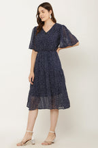 PAVONINE Micro Dots V-Neck Georgette Fabric Navy Blue Dress For Women | Grocsy