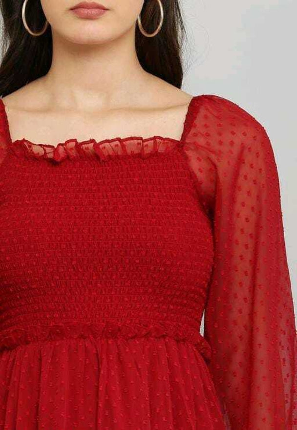 PAVONINE Buta-Design With Square-Neck Maroon Dress For Girls & Women | Grocsy