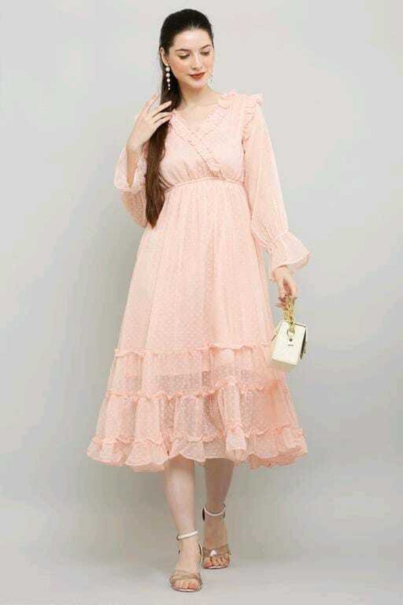 PAVONINE Buta-Design With V-Neck Peach Dress For Girls & Women | Grocsy