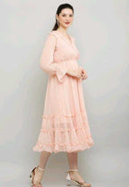 PAVONINE Buta-Design With V-Neck Peach Dress For Girls & Women | Grocsy
