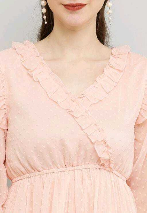 PAVONINE Buta-Design With V-Neck Peach Dress For Girls & Women | Grocsy