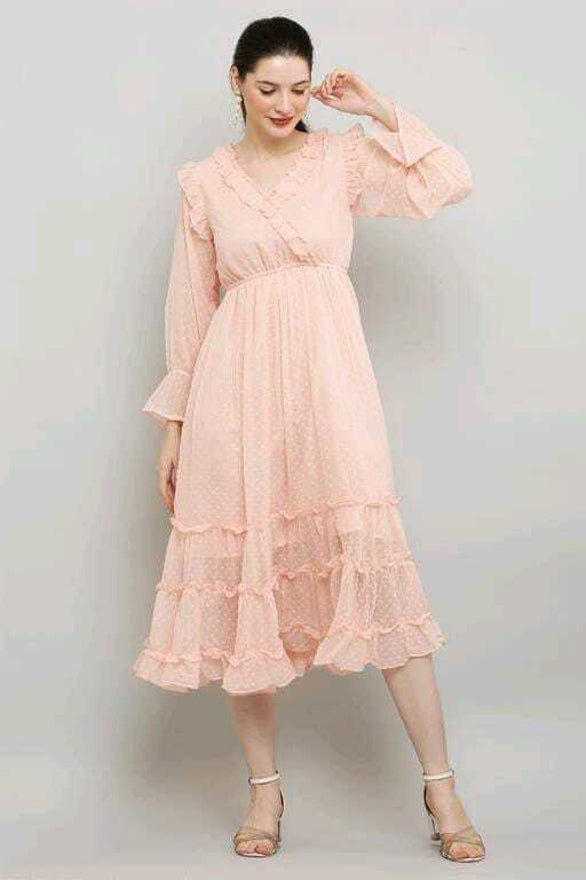 PAVONINE Buta-Design With V-Neck Peach Dress For Girls & Women | Grocsy