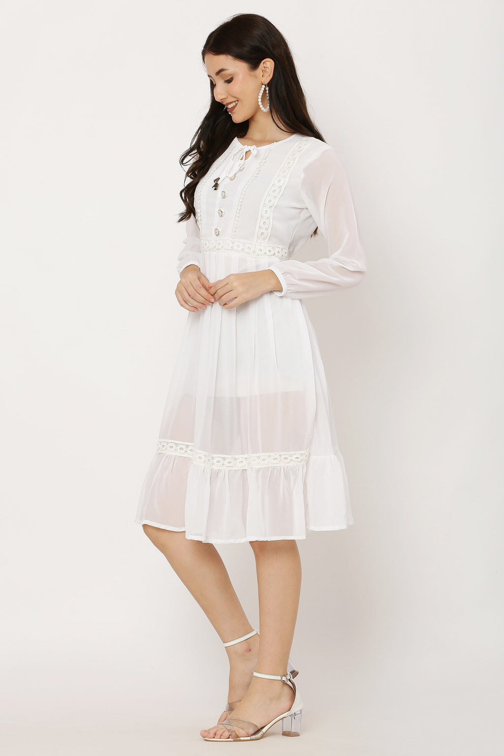 PAVONINE White Color Georgette Fabric Lace Inserts Dress For Girls | Grocsy