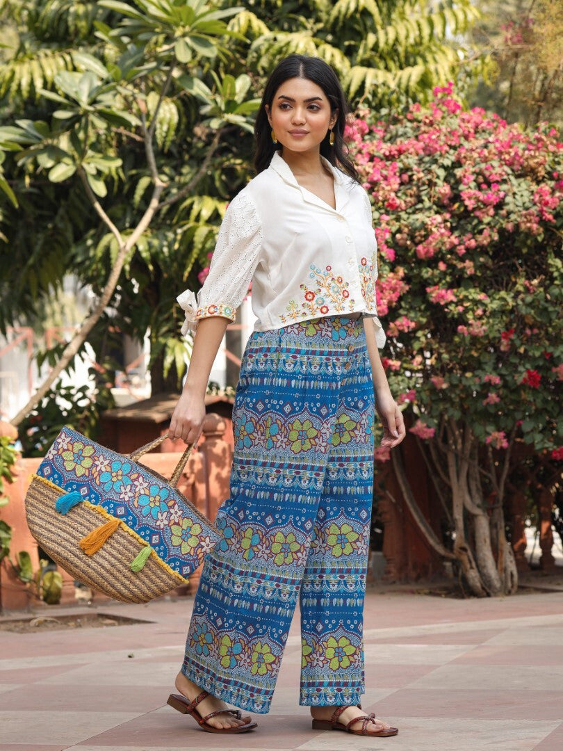 Juniper Blue Floral Printed Rayon Schiffli Top & Pants Set With Thread Work | Grocsy