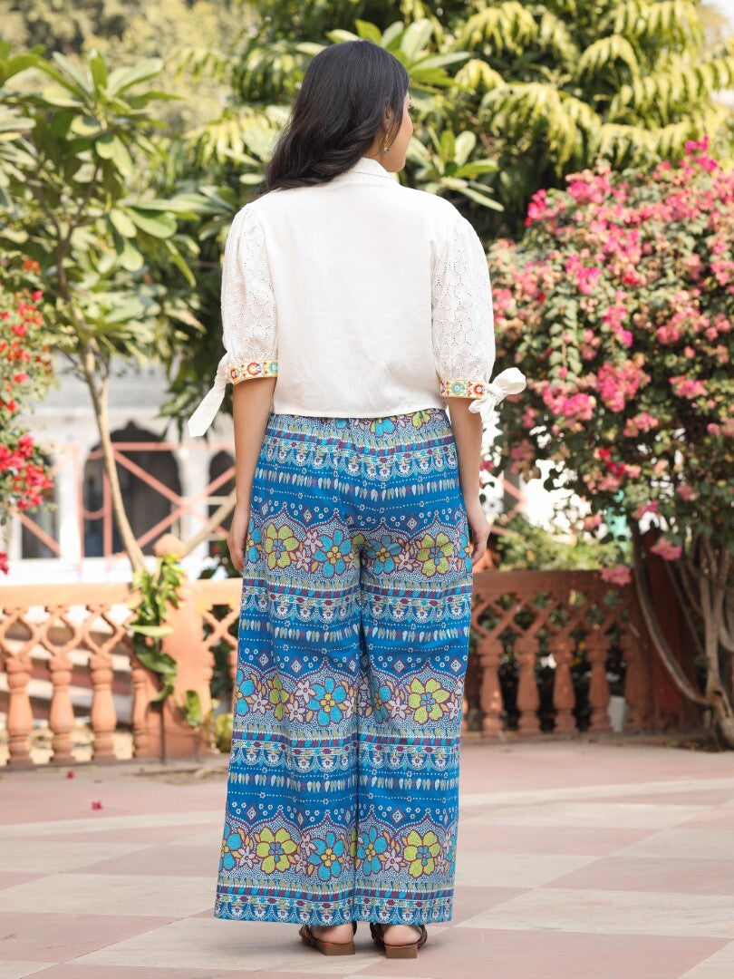 Juniper Blue Floral Printed Rayon Schiffli Top & Pants Set With Thread Work | Grocsy